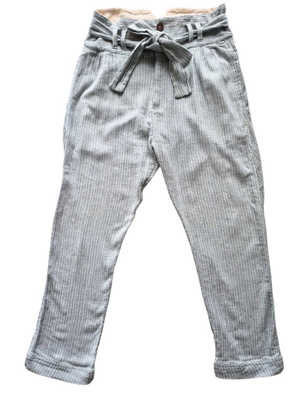 Free People Blue and White Striped High Paper Bag Waist Relaxed Tapered Leg 4